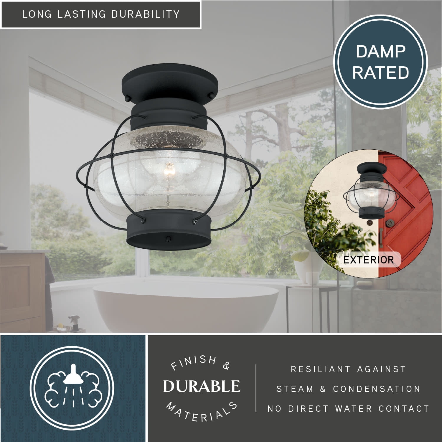 Chatham Black Coastal Globe Outdoor Flush Mount Ceiling Light Clear Glass