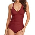 thumbnail image 2 of Sngxgn Women's V Neck Tummy Control Swimsuit Cheeky Tie Side High Cut Bathing Suit Ribbed Swimwear(,L), 2 of 4