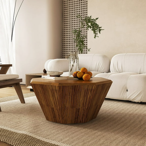 31.5" Octagonal Log Color Rubberwood Coffee Table - Living Room and Bedroom Furniture