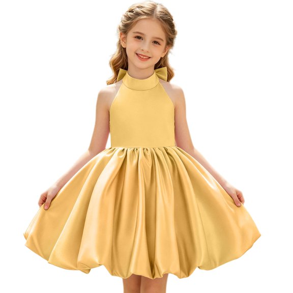 WEIGFI Child Toddler Girls Dress Wedding Puff Tutu Ball Gown Formal Dressy Bowknot Elegant Solid Color Halter Neck Strapless Performance Graduation Dresses Soft Photo Sundress,Gold,4-5 Years