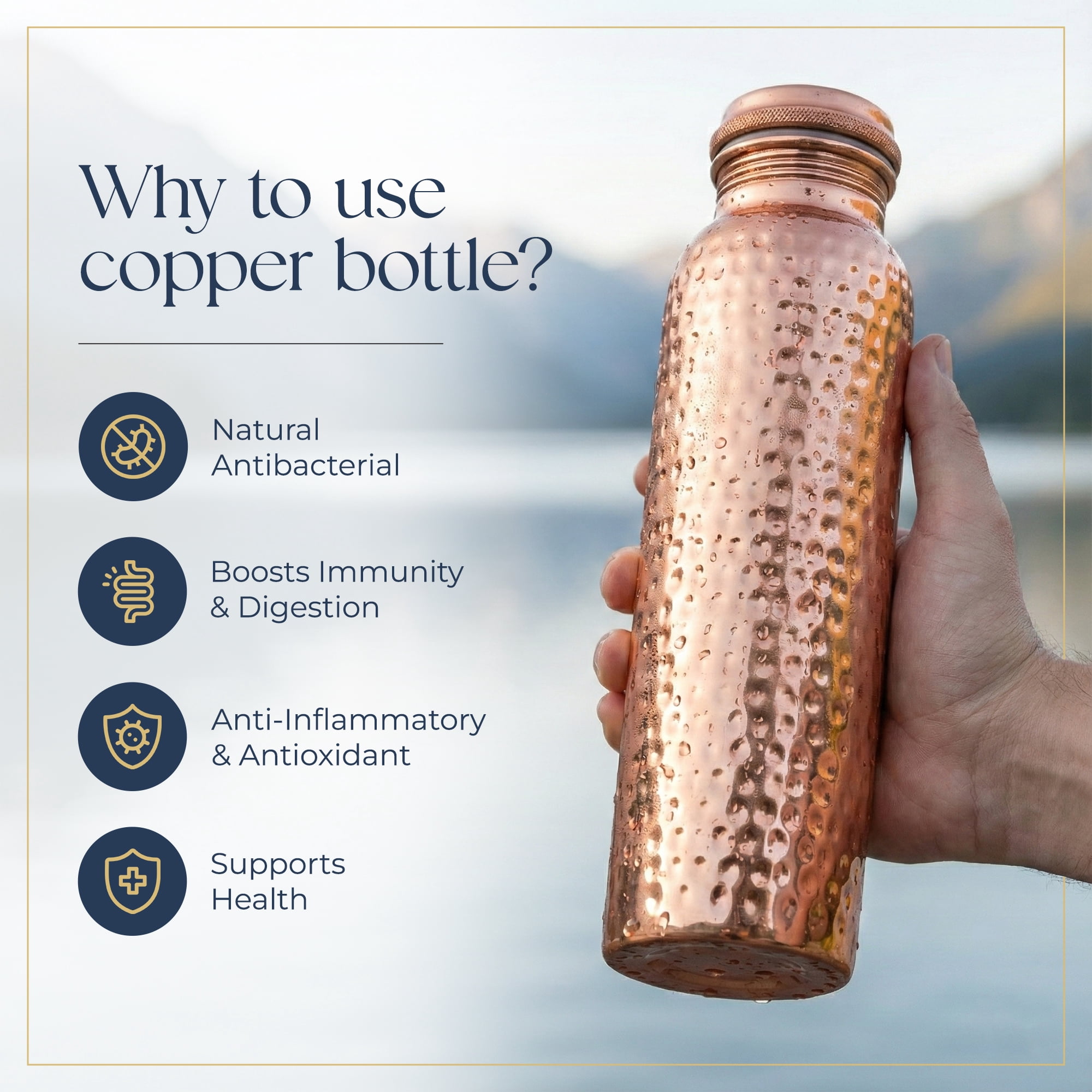 INANOSA 34 oz (1 L) Copper Water Bottle – Pure Copper Metal Bottle with Leakproof Lid – Hammered Finish, Reusable Eco Friendly Bottle for Home, Gym, Office & Travel