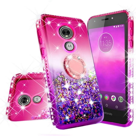 Glitter Phone Case Kickstand for Moto G6 Case,Moto G 6th Generation Ring Stand Liquid Floating Quicksand Bling Sparkle Cute Protective Cover Girls Women - Hot Pink