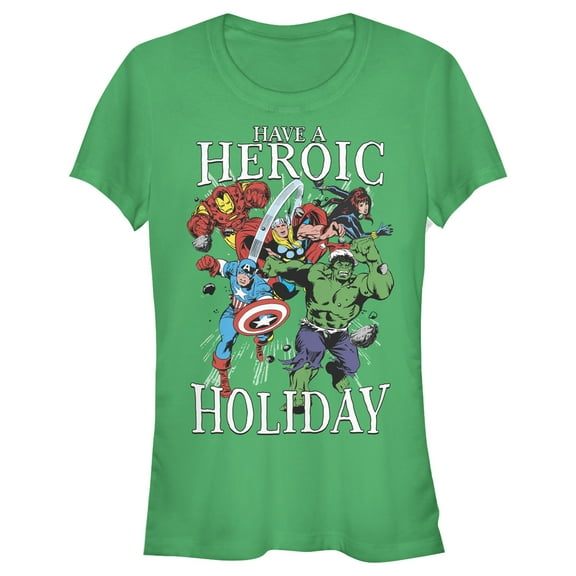 Junior's Marvel Heroic Holiday Avengers Graphic Tee Kelly Green Large