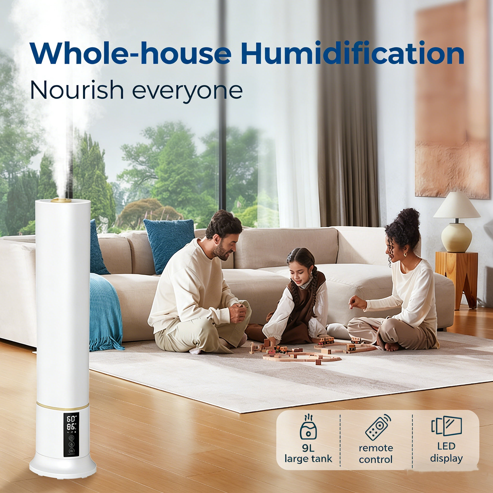 Humidifier Large Room,2.4Gal Cool Mist Humidifiers for Bedroom 9L High Capacity 36dB Quiet Air Humificador fit Removable Water Tank 360° Adjustable, Top Fill & Easy Clean with Remote Control