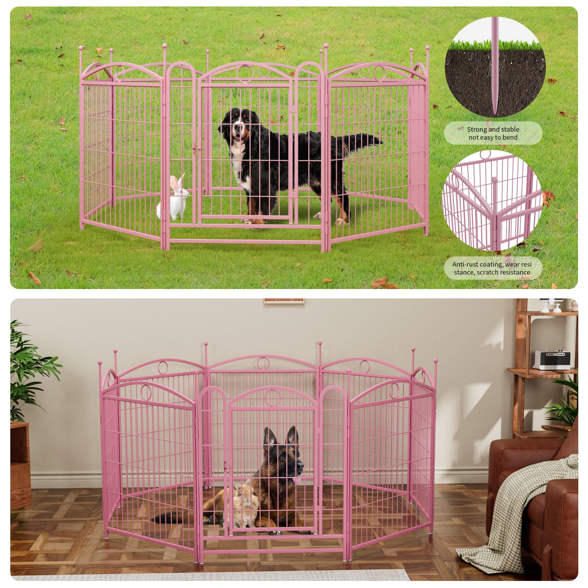 Pefilos Outdoor Dog Playpen with Doors, 32" 8 Panels Indoor Dog Fence Metal Dog Pen Pet Puppy Exercise Pen for RV Camping Garden Yard, Pink