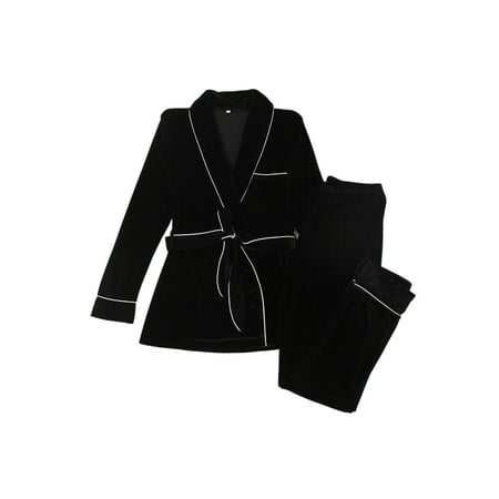 

Frontwalk Women Robe Lapel Nightgowns Lace Up Pajamas Set Party Winter Warm Bathrobe Long Sleeve Nightwear Black M