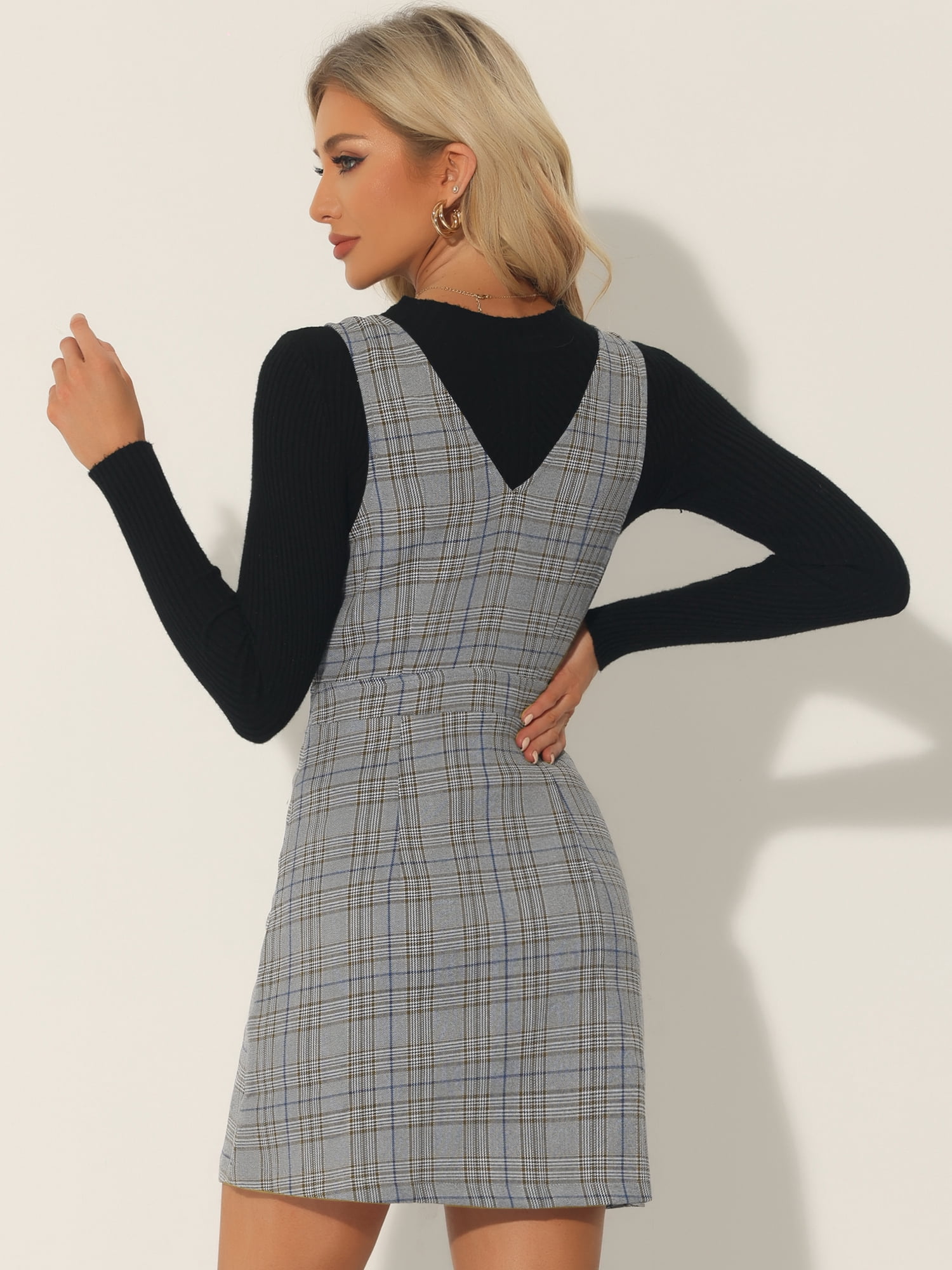 DARING DIVA Houndstooth Plaid Suspenders Pinafore Overall Dress M Black