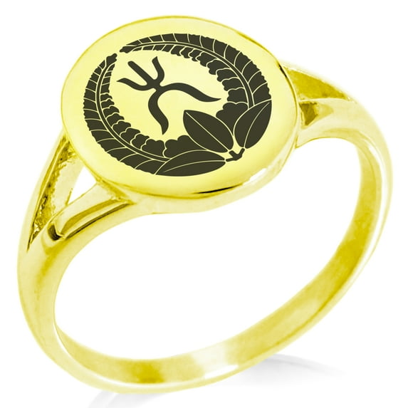 Stainless Steel Okubo Samurai Crest Minimalist Oval Top Polished Statement Signet Ring