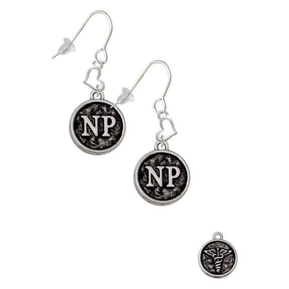 Silvertone Nurse Caduceus Seal - NP Heart French Earrings