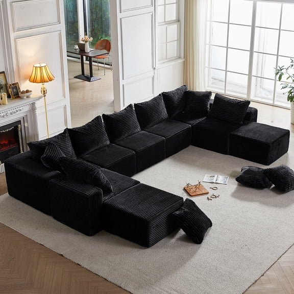 GEMBED 170" U-Shaped Oversized Sectional Sofa 9-Seater Modular Couch with Deep Seat and Movable Ottoman, No Assembly Boneless Sofa for Living Room, Black