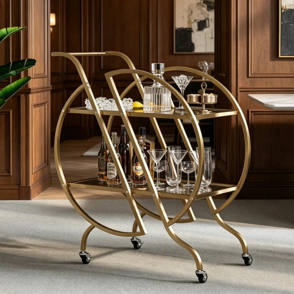 Shaiaield 34.5" Gold Bar Carts with Lockable Caster Wheels and Handle,Glass Bar Cart with 2 Mirrored Shelves,Round Bar Carts for The Home,Kitchen,Party