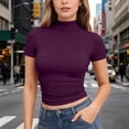 thumbnail image 2 of Hearthz Women's Mock Neck Shirts Short Sleeve Fitted Womens Basic Tops Solid Color Stretchy Slim Fit 2026 Fall Outfits Clothes Dark Purple XL, 2 of 7