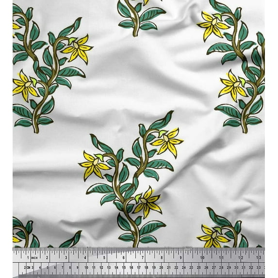 Soimoi Polyester Crepe Fabric Leaves & Floral Block Print Fabric by The Yard 52 Inch Wide