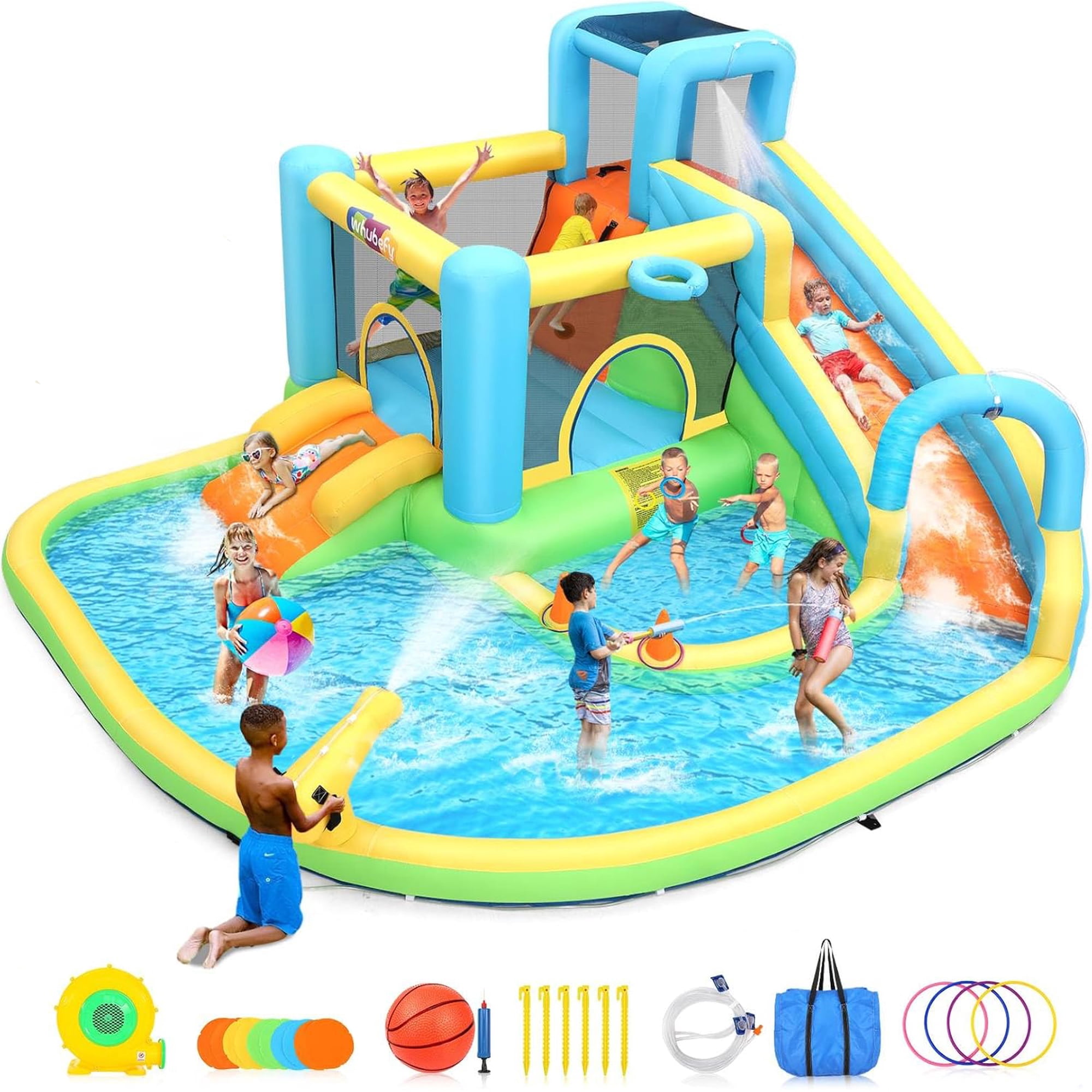 Veeboto Inflatable Water Slide for 3-12 Years, Bounce House with Climbing Wall, Ball Pool, Water Guns, Basketball Hoop, Hoop Game, Indoor/Outdoor Kids Bouncy Castle with Blower
