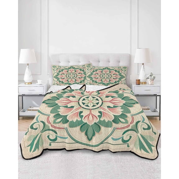 Quilts Full Size, Pink Green Flower Soft Comforter Bedding Set for Bed, Elegant Spring Floral Abstract Art Lightweight Quilted Bedspread with Pillow Cover(2 Pieces) for All Season, 78x90 Inch