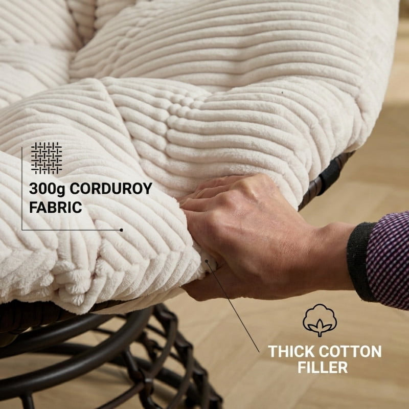 Howcool Indoor/Patio Swivel Chair with Corduroy Cushion, Round Accent Armless Rattan Egg Chair