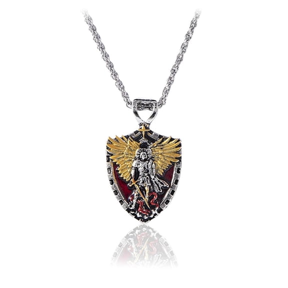 Osdhezcn Warrior Guardian Holy Angel Saint Michael Pendant Necklace Knight Shield Alloy Vintage Necklace for Men Jewelry Gift