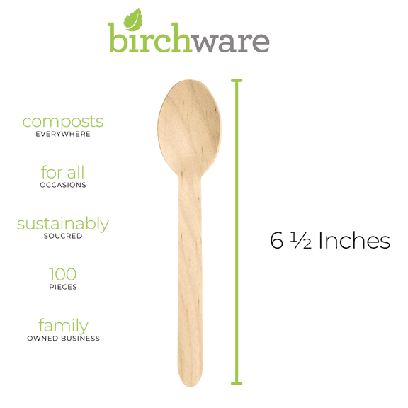 Birchware Compostable Wooden Disposable Spoons, 100 Count