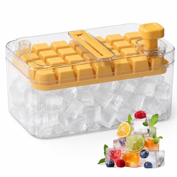 Ice Cube Tray with Lid and Storage Bin, 56 Grid Stackable Ice Maker Tray with Press Release Design, Easy Release Ice Tray with Scoop for Freezer，Yellow