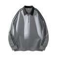 thumbnail image 2 of Stripe Splicing Design Lapel Sweater, Loose Casual Jacket Retro Fashion Sweatshirt for Street Style, Weekend Wear and Urban Fashion,Light Gray,2XL, 2 of 4