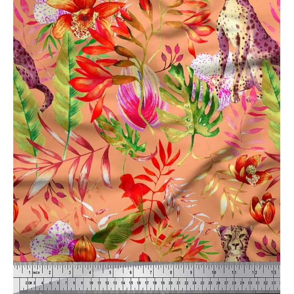 Soimoi Orange Georgette Viscose Fabric Leaves,Floral & Leopard Jungle Fabric Prints by Yard 42 Inch Wide