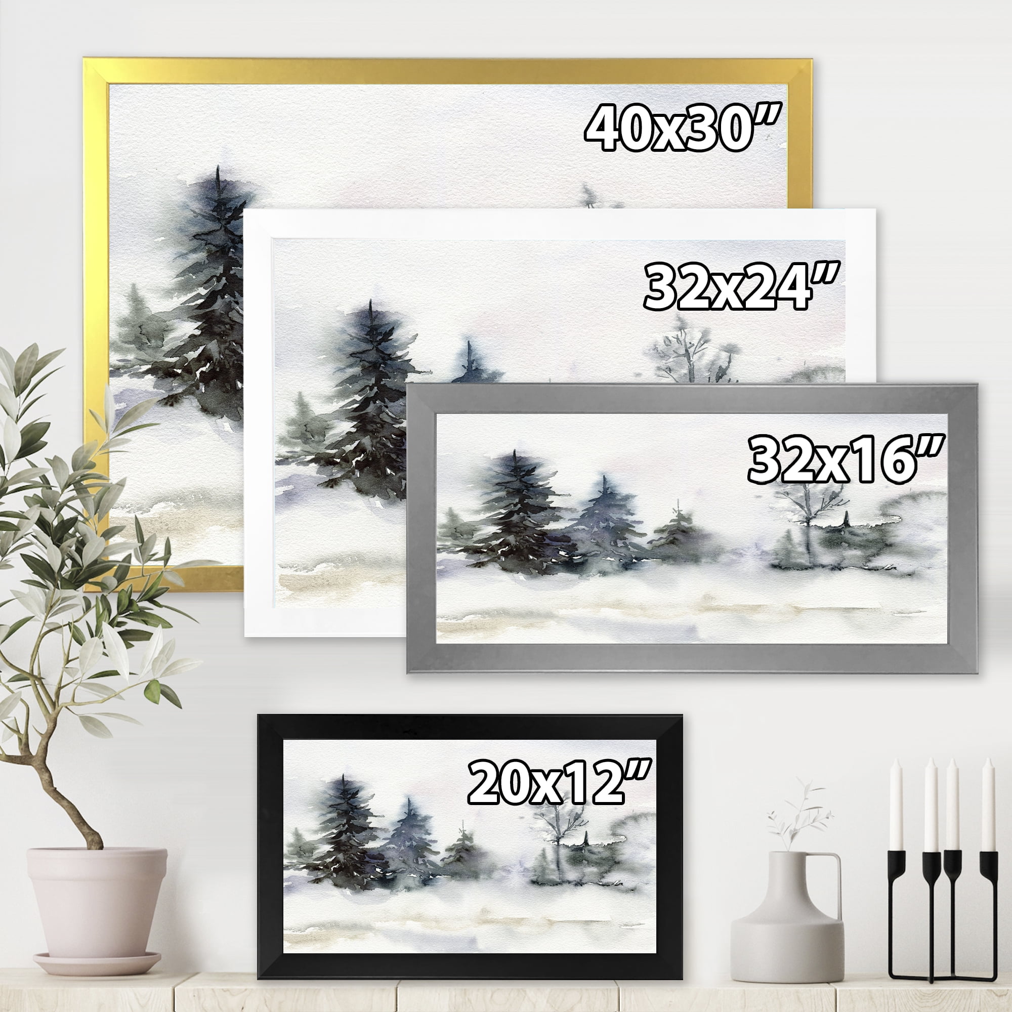 Designart 'Christmas Minimalistic Snow and Forest Landscape' Lake House Framed Art Print
