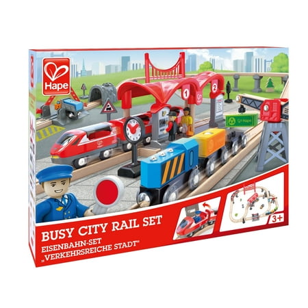 Hape Wooden Train Set Busy City Rail- 51 Pieces - Kids Pretend Play Railway Set