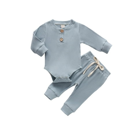 

Ierhent Baby Boy Girl Clothes Ribbed Knitted Cotton Long Sleeve Romper Long Pants Solid Color Fall Winter Outfits(Blue 12-18 Months)