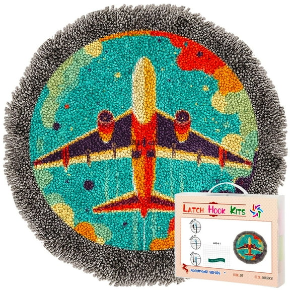 Latch Hook Rug Kit Colorful Airplane Stamped Handmade Round Shape Carpet Crochet Yarn Craft DIY Hook and Latch Door Mat Tapestry for Christmas Home Floor Decor 50x50cm(1)