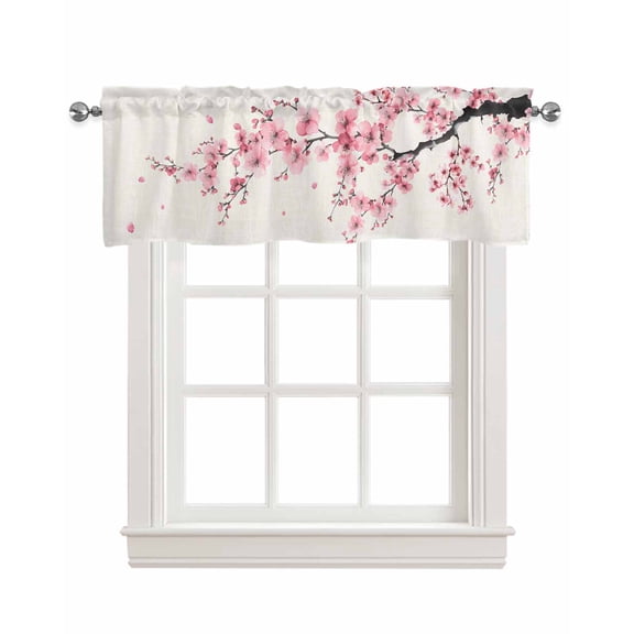 Pink Spring Floral Kitchen Valances for Windows Farmhouse Linen Window Valance Curtain for Living Room Window Treatment Modern Art Cherry Blossom Valance Rod Pocket Topper Drape, 60 x 18 Inch