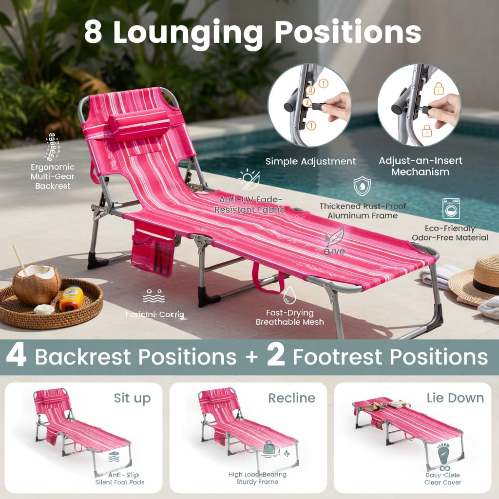 Hommoo Foldable Tanning Chair with Face & Arm Holes, Lightweight Portable Beach Chair for Pool, Patio, and Outdoor Use, Pink Stripe