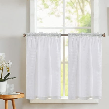 White Kitchen Curtains 24 Inch Length Tier Cafe Waffle Textured Half Window Curtain For Bathroom Living Room Rod Pocket Small Light Filtering Ds 2 Panels Canada Window Curtains Light Filtering Ds, 24 Inch Curtains