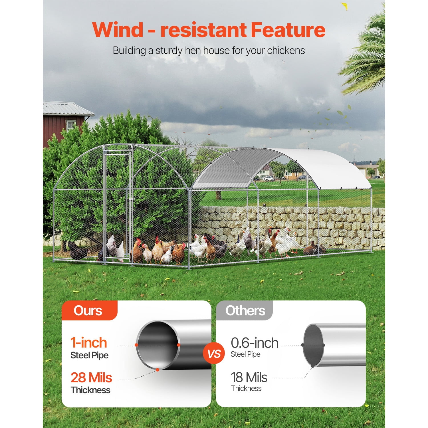 Metal Chicken Coop, Walk-in Chicken Run with Cover Doom Roof 9.8x19.6x6.5ft