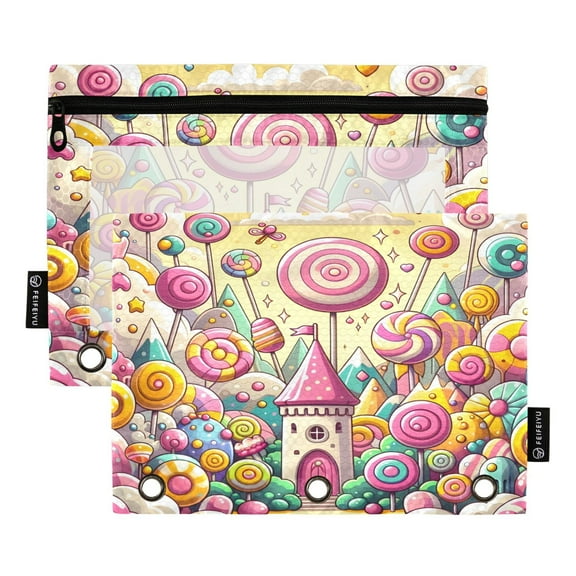 Sweet Candy Lollipops 2 Pack Pencil Pouch for 3 Ring Binder Smooth Zipper Folders with Pockets Clear Window Pencil Case