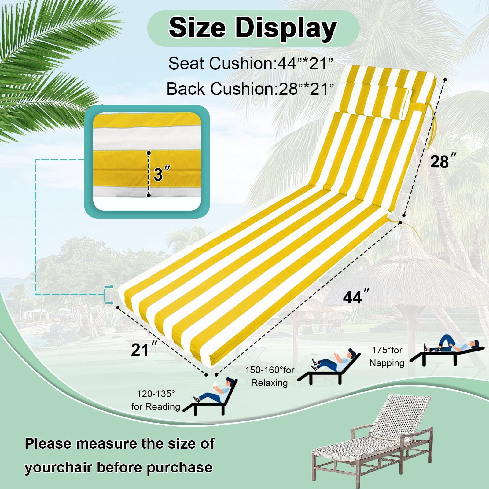 DTTRA Chaise Lounge Cushions Outdoor, 72 x 21 x 3 Inch, Waterproof Lounge Chair Cushion for Outdoor Furniture, Patio Lounger Pads with Removable Cover Ties Pillow for Pool, Garden Loungers