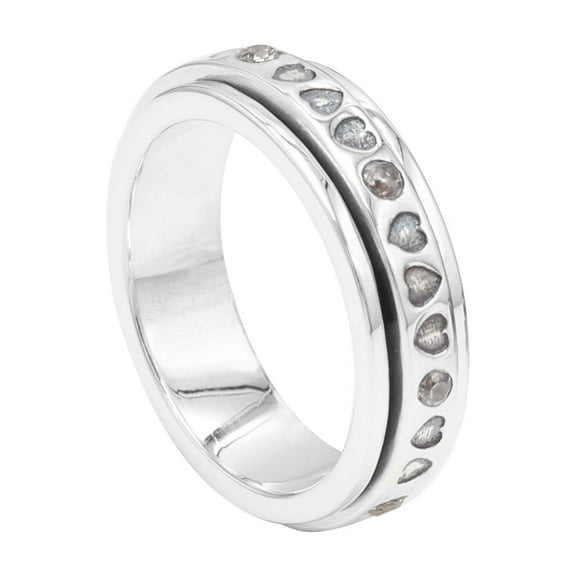 JAY JOOLS 925 Sterling Silver Spinner Ring with 8 Crystals, Fidget Ring, Heart Engraved Thumb Ring