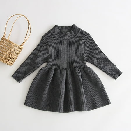 

Newborn Baby Girls Knit Dress Solid Color Round Neck Long Sleeves Knee-Length Ruffle Sweater Dress for Autumn Winter