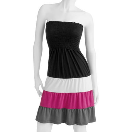 Juniors Plus Smocked Strapless Color Block Dress