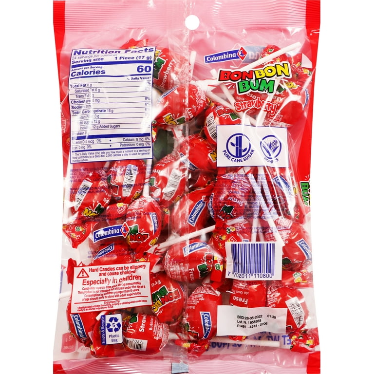 Colombina Bon Bon Bum Strawberry Bubble Gum Lollipops - 24 Count