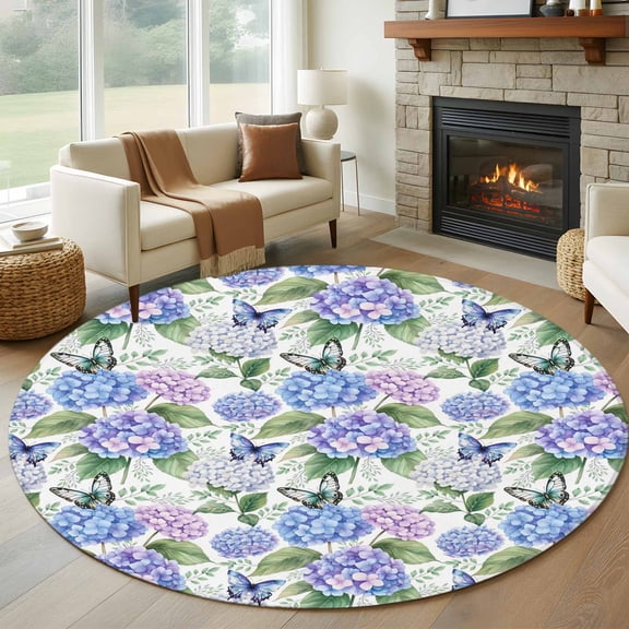 Round Rug 7Ft Washable Non-Slip, Purple Hydrangea Circle Area Rugs for Living Room Bedroom, Spring Floral Elegant Pastoral Butterflies Indoor Floor Mats Carpet Runner for Home Decor Aesthetic