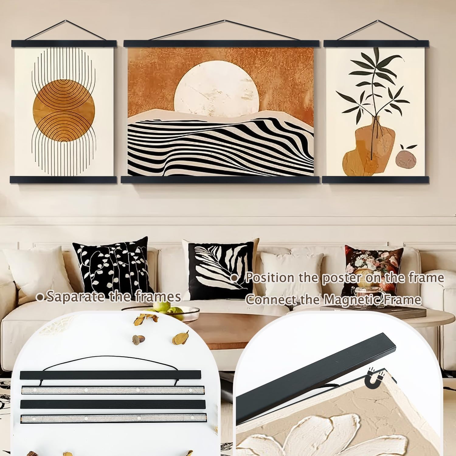 Magnetic Poster Hanger Frame, 20x28 20 x 30 20x26 Light Wood Wooden Magnet Canvas Artwork Print Poster Hangers Frames Hanging Kit (Black, 20")