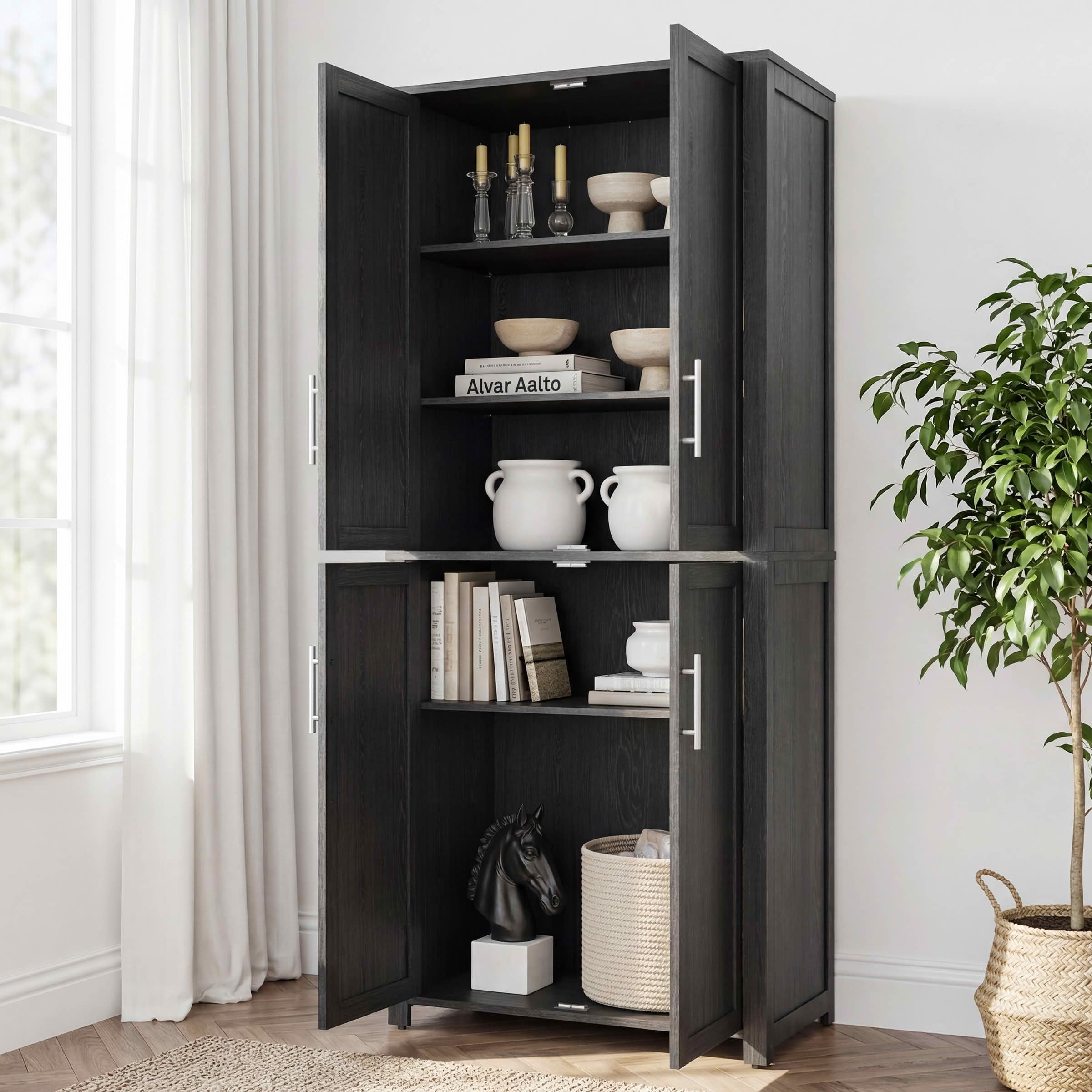 MAYEERTY 67x28x15 Inch Black Wood Grain 4-Door Storage Cabinet with Solid Wood Door