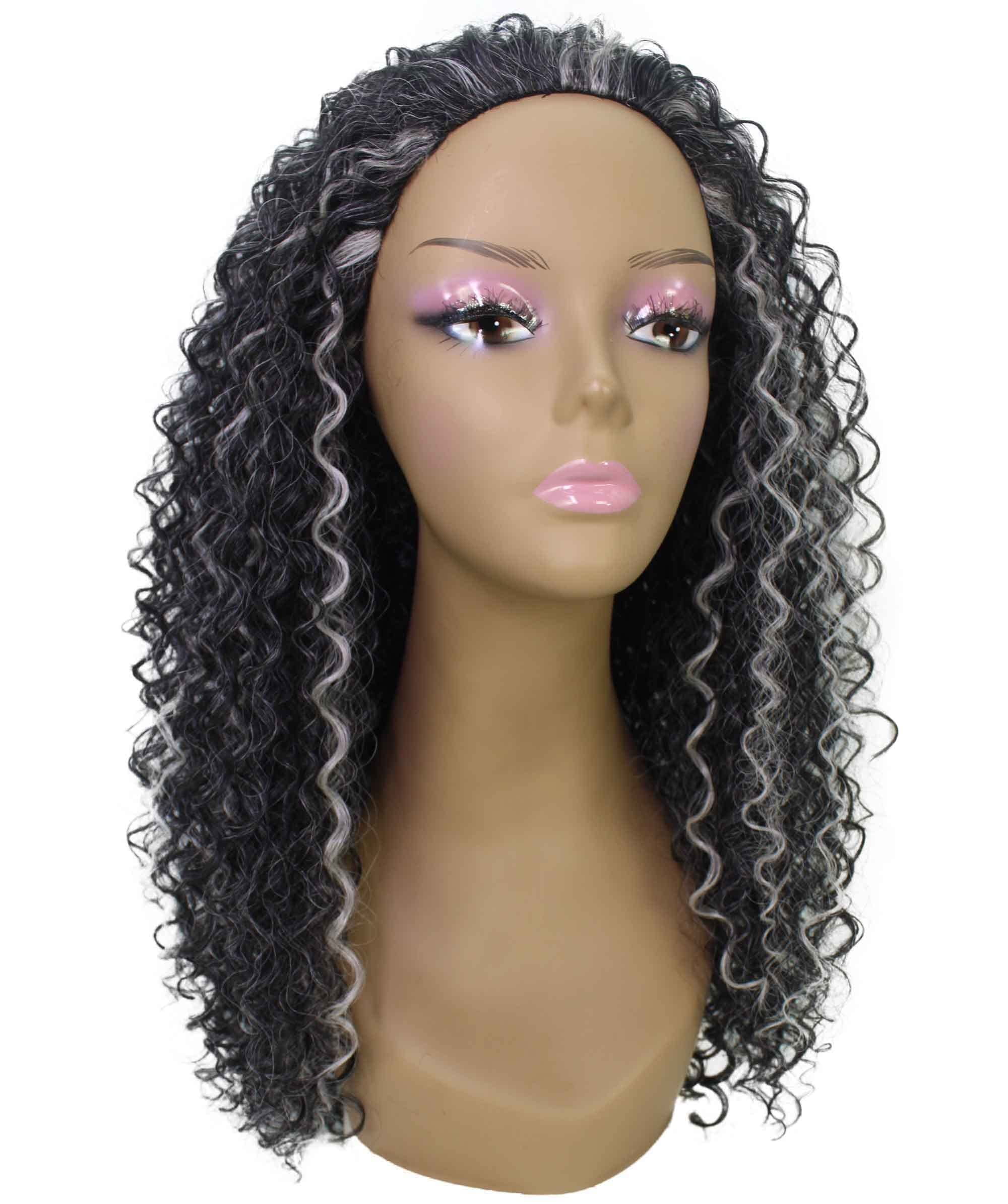 LUXLUXE Isadora Curly Body Waves 22.5 in Long Half Wig Half Cap Wig, Mix Human Hair and Synthetic Fibers, Dark Charcoal Gray Color