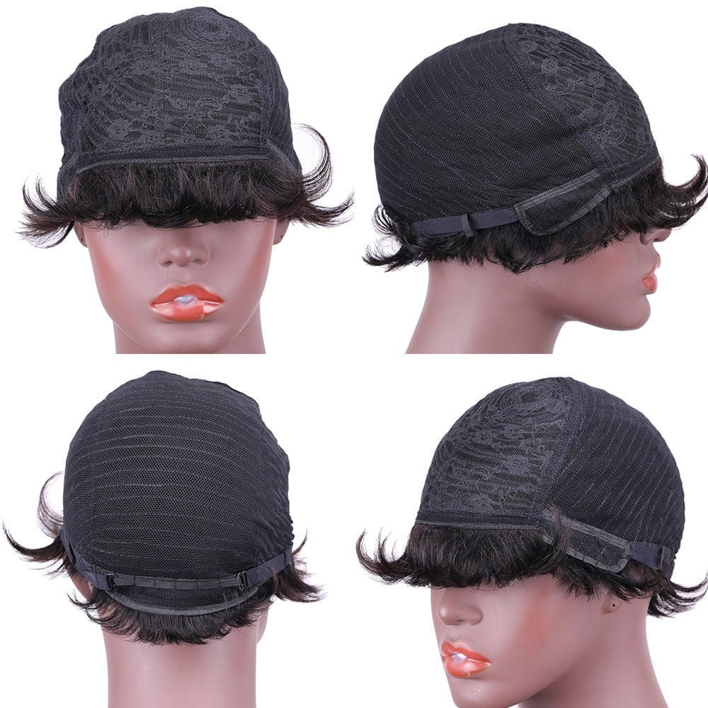 Short Brown Wig Chocolate Brown Human Hair Wigs Short Pixie Cut Wigs with Bangs