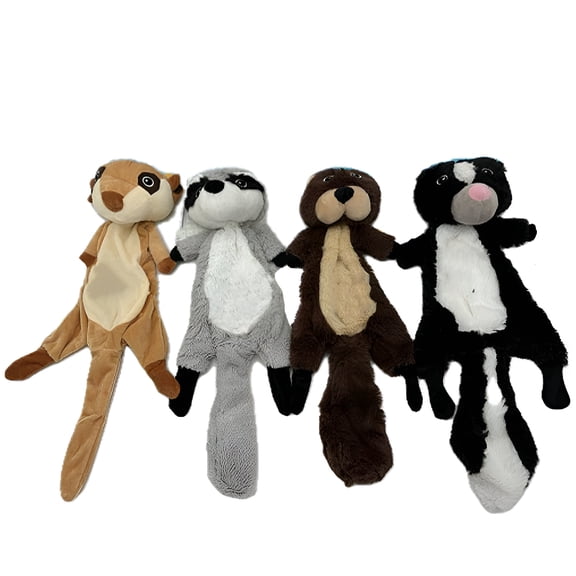 17" Stuffing-Free Squeaky Dog Toys – 4 Pack Flat Plush Woodland Animals, Bear, Raccoon, Skunk, Lion (No Crinkle)