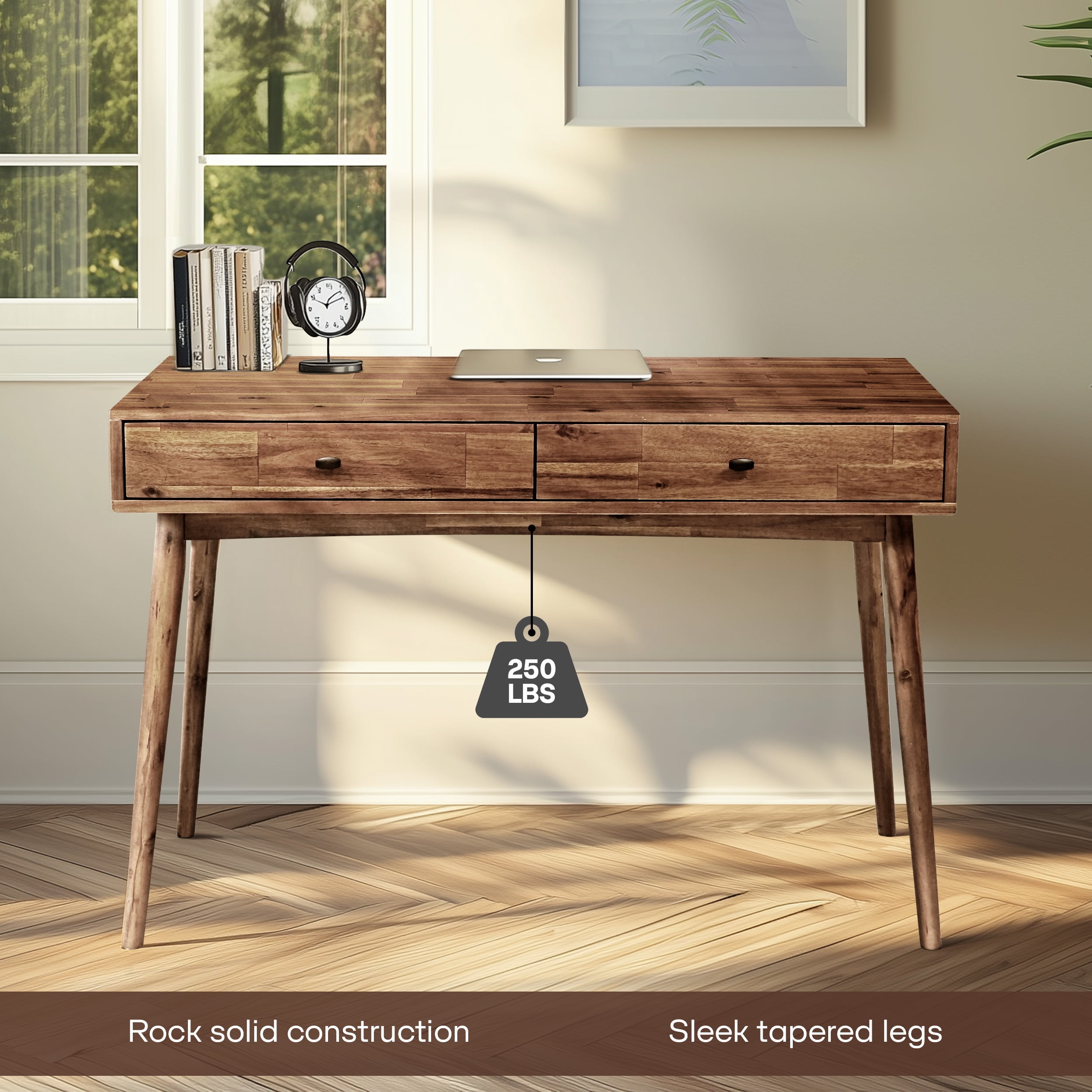 Acacia Lagom 48" Solid Wood Work Desk with Drawers Office Desk for Home Office, Walnut