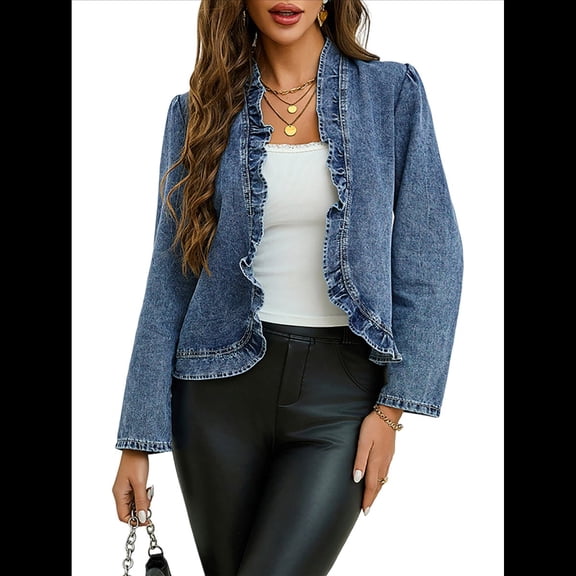 Women'S Ruffled Denim Jackets Long Sleeve Open Front Jean Cropped Top Coat Trendy Blue L