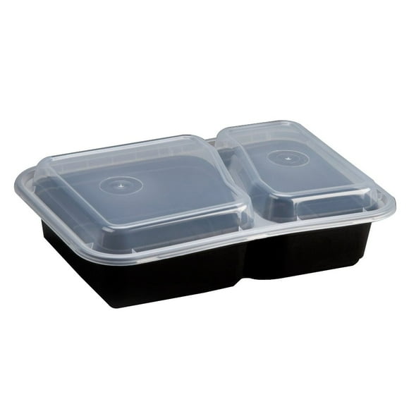 Pactiv Evergreen newspring versatainer microwavable containers, rectangular, 2-compartment, 30 oz, 6 x 8.5 x 2.5, black/clear, plastic, 150/ct