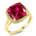 thumbnail image 3 of Gem Stone King 10K Yellow Gold Red Created Ruby and White Created Sapphire Halo Engagement Ring for Women (8.27 Cttw, Cushion 12MM, Gemstone July Birthstone, Size 5 to 9), 3 of 5