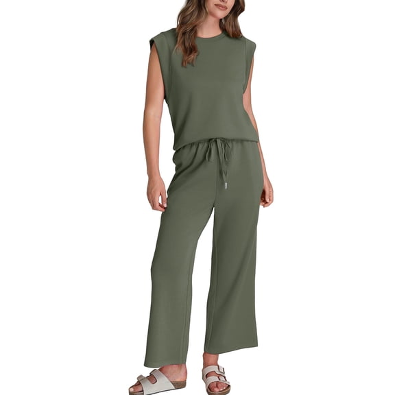 Two Piece Sets for Women Summer Vacation Outfits Cap Sleeve Tops Lounge Matching Sets Clothing Gray-Green M